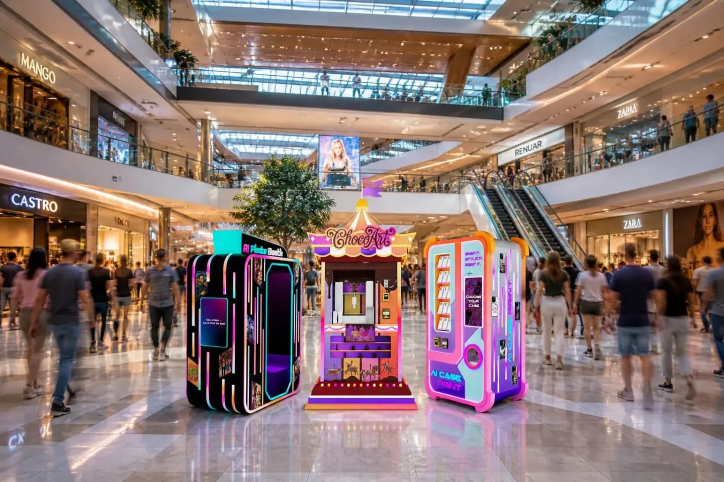 Three Futureino robotic vending machines standing together on a busy shopping mall concourse, the current stage of a 2,000-year-old idea
