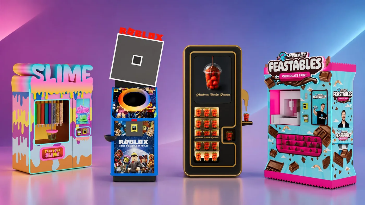 Von Grund auf individuell entwickelte Roboter-Verkaufsautomaten, gebaut von Futureino für Slime, Roblox und MrBeast Feastables