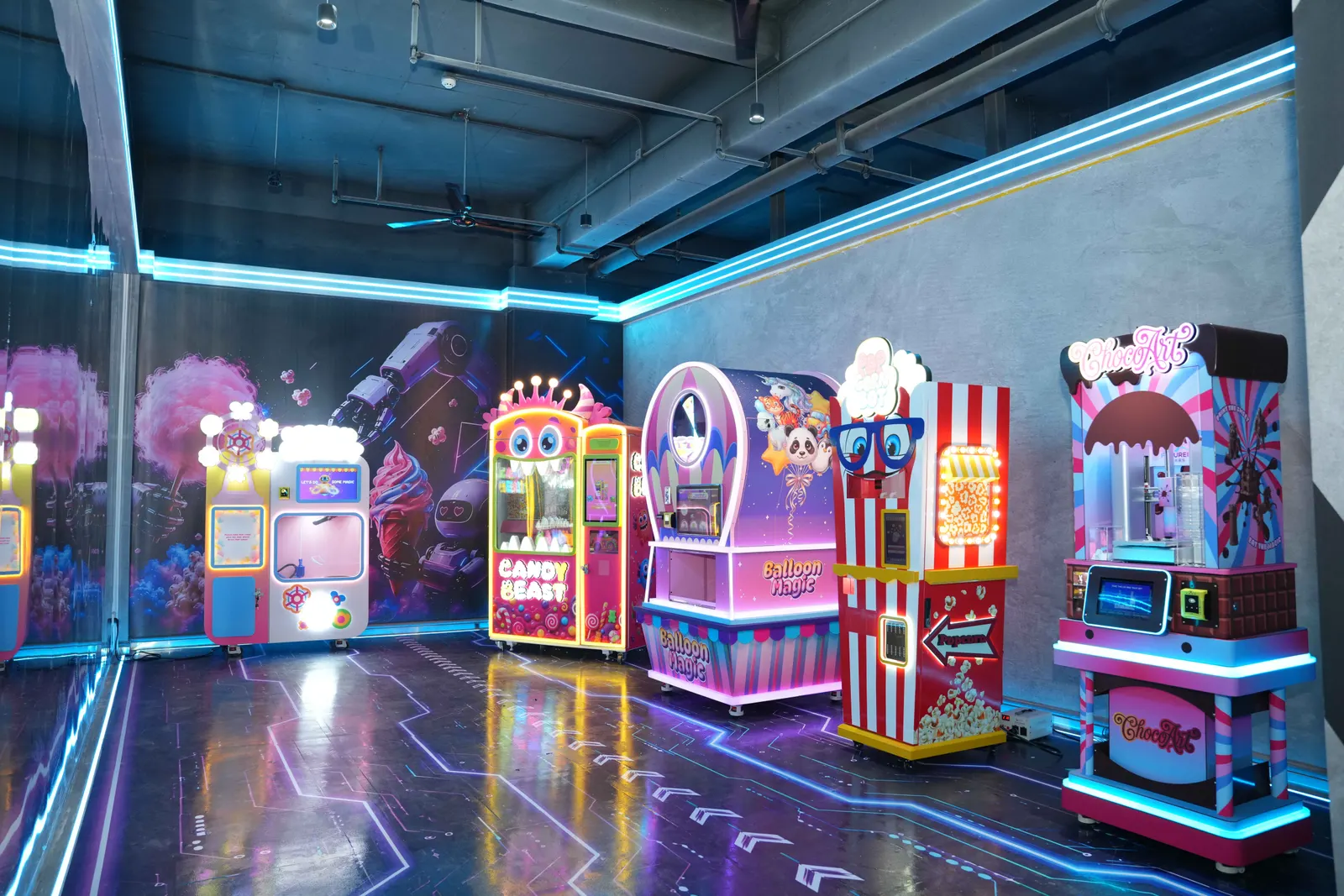 Showroom de la fábrica de Futureino en Guangzhou con máquinas expendedoras robóticas alineadas antes del envío