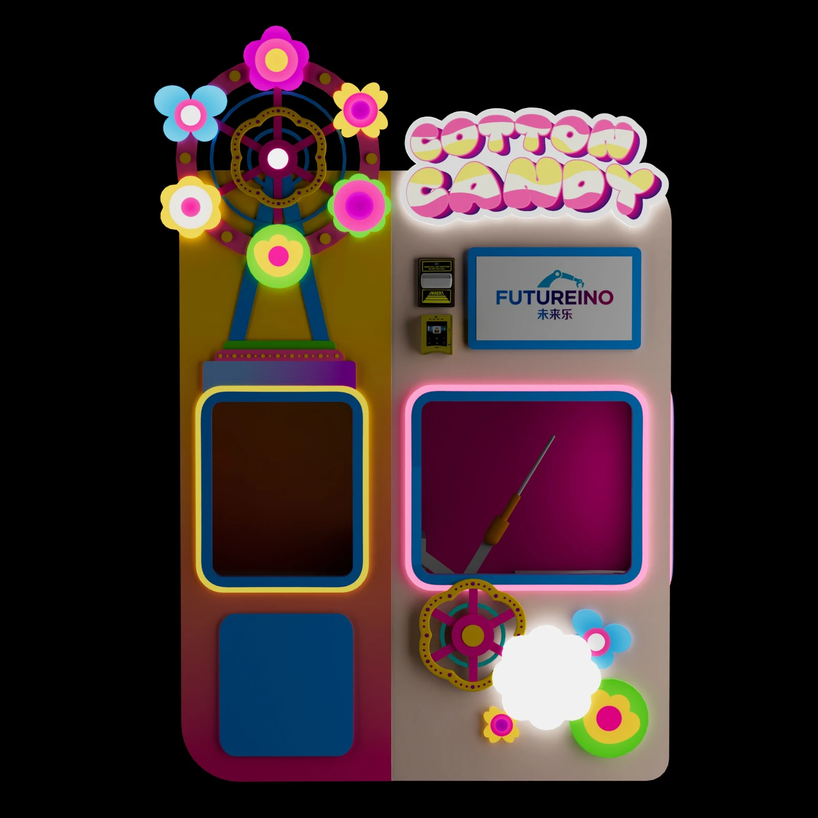 Front view of the Futureino cotton candy machine with all LEDs lit