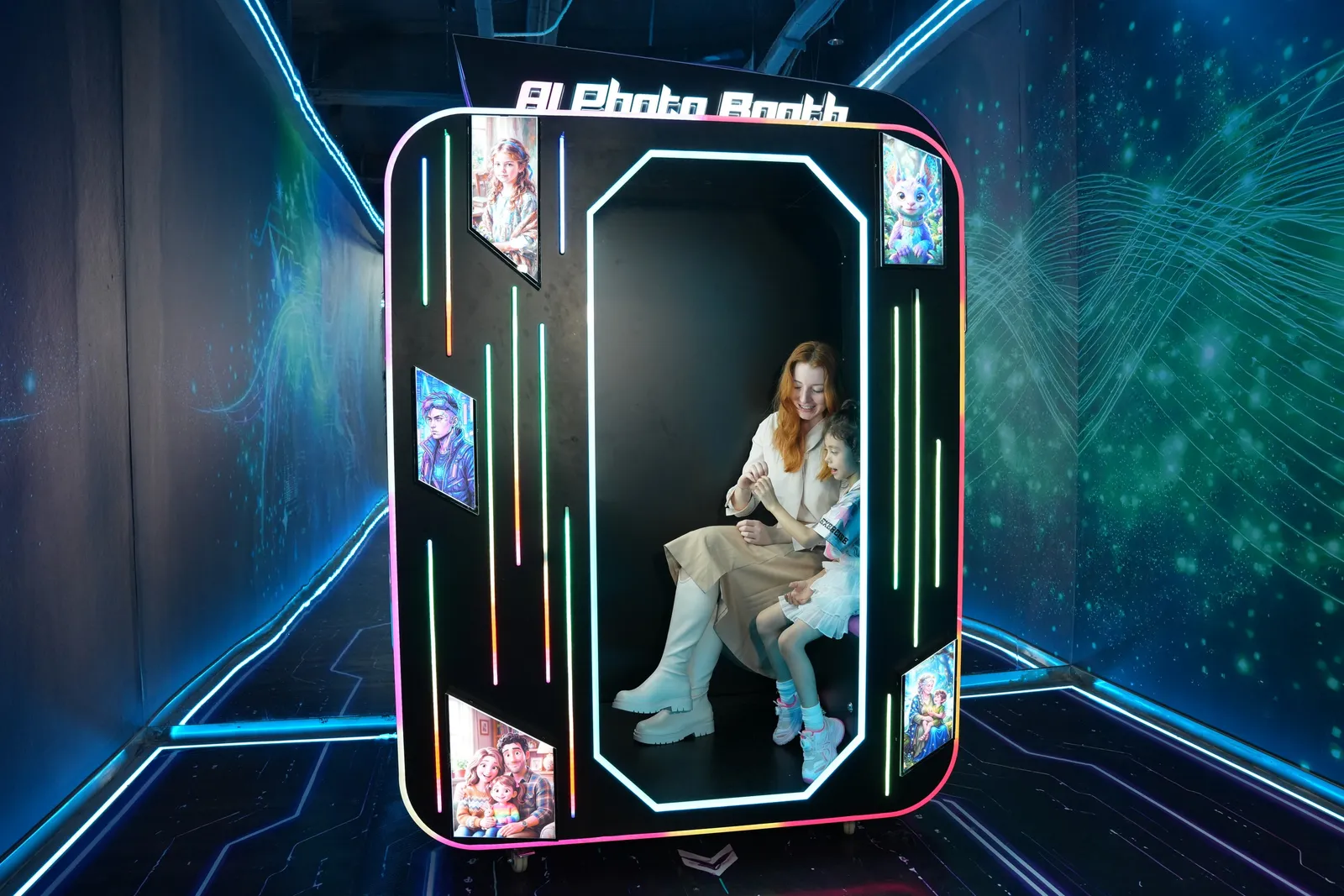 Mother and child reviewing their AI portraits inside the Futureino AI Photo Booth