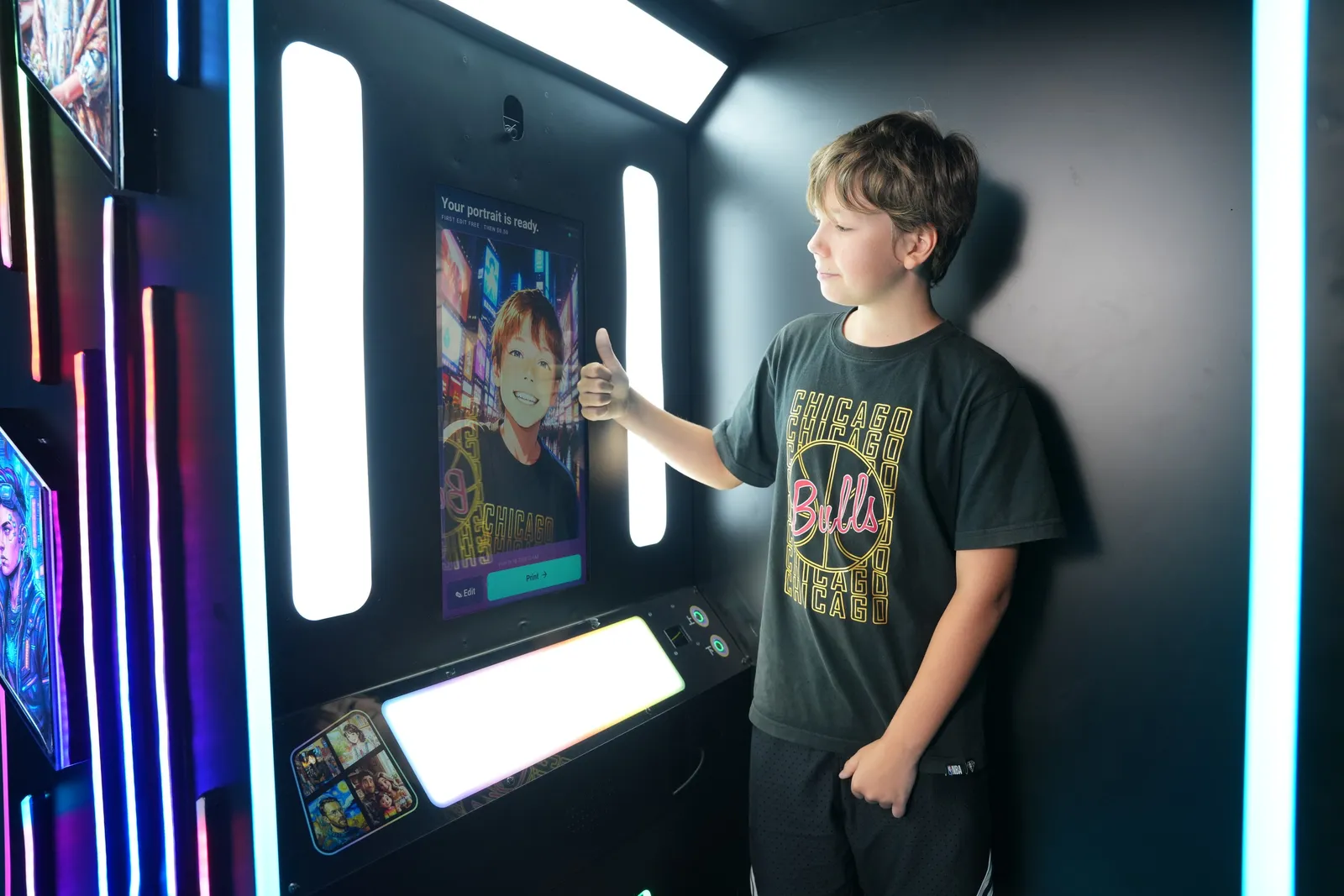 Niño dentro del fotomatón con IA de Futureino levantando el pulgar junto a la pantalla, que muestra su retrato con estilo de IA listo para imprimir