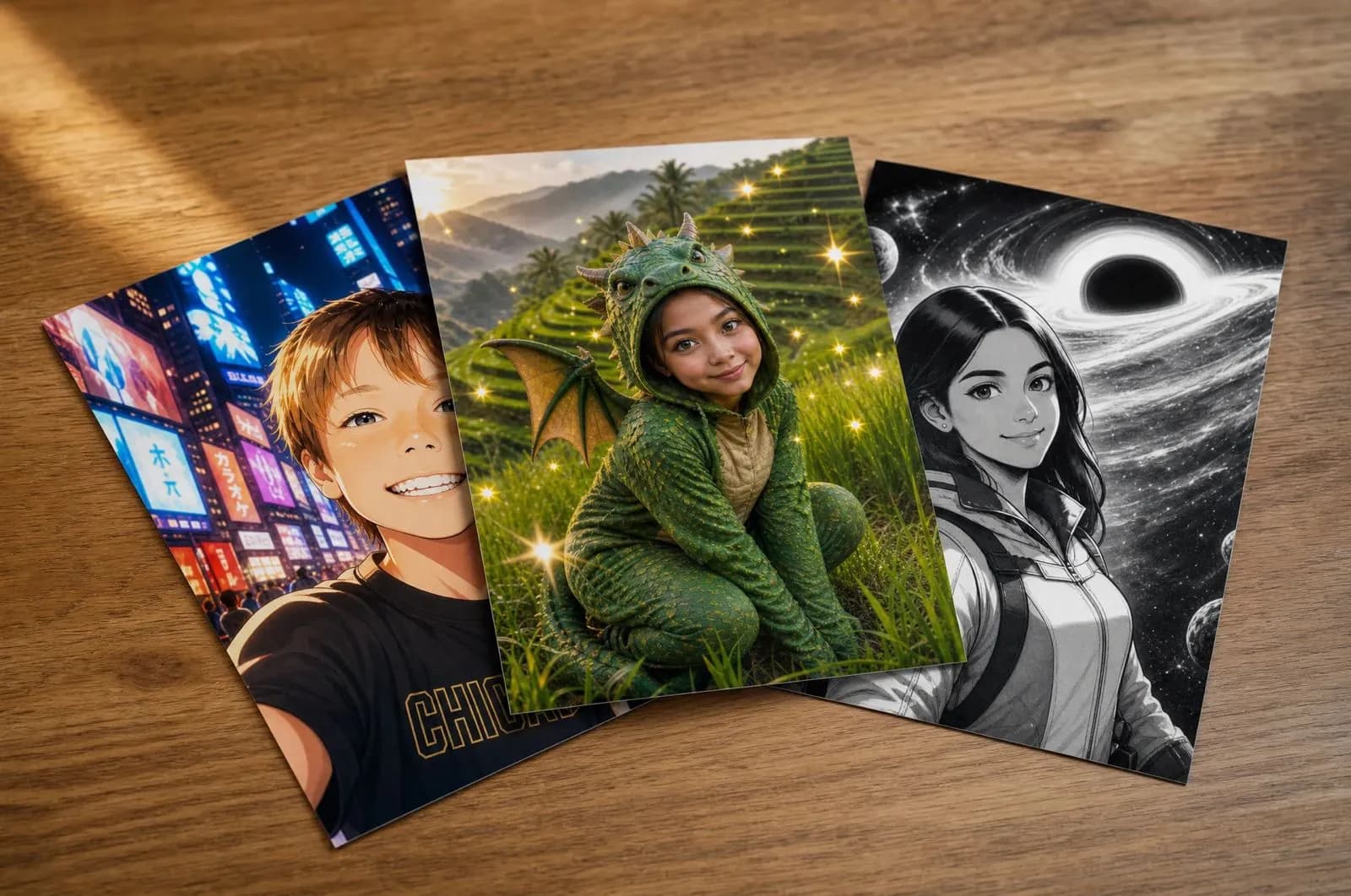 Printed AI-stylized portraits produced by the AI Photo Booth