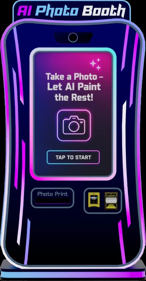 Photo booth machine for sale: the smaller Futureino AI Photo Booth S kiosk