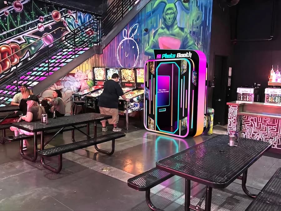 Futureino AI photo booth displayed in a real retail venue