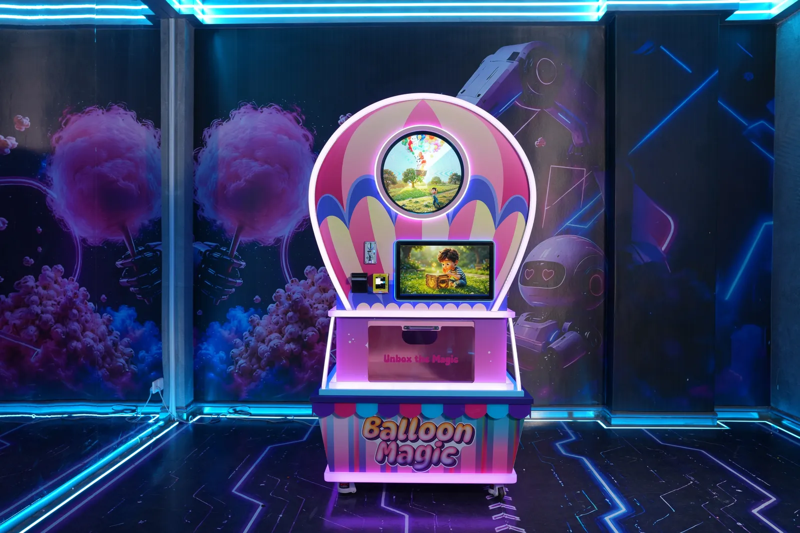 Balloon Magic hot-air-balloon cabinet glowing in a neon showroom
