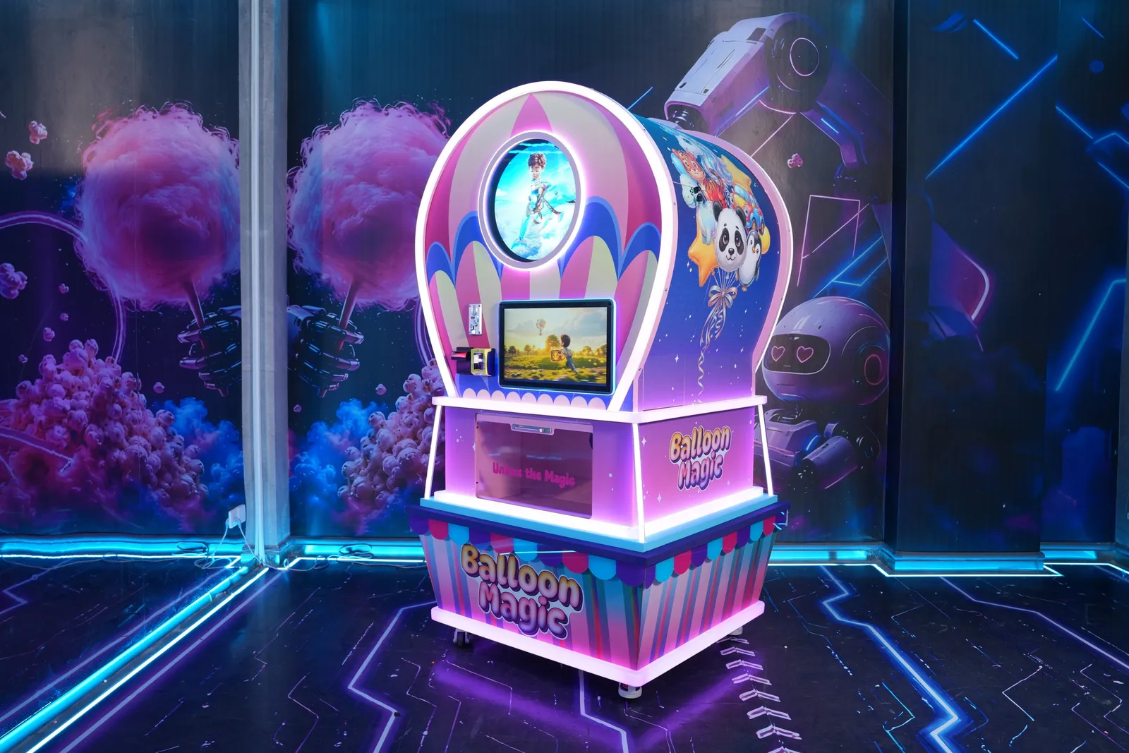 Angled view of the Futureino Balloon Magic machine with LED lighting