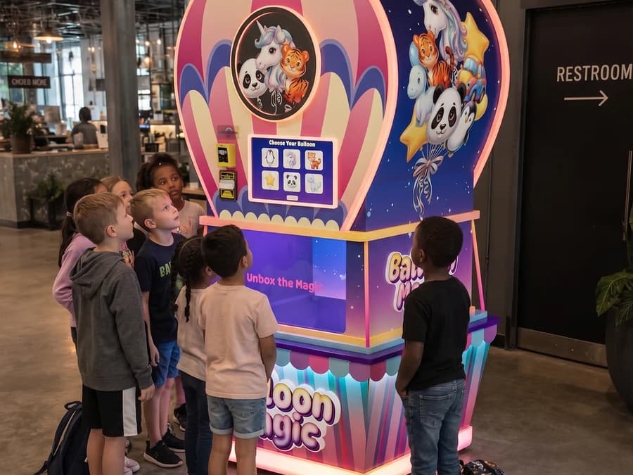 Balloon Magic vending machine in a live venue, Futureino balloon robot in action