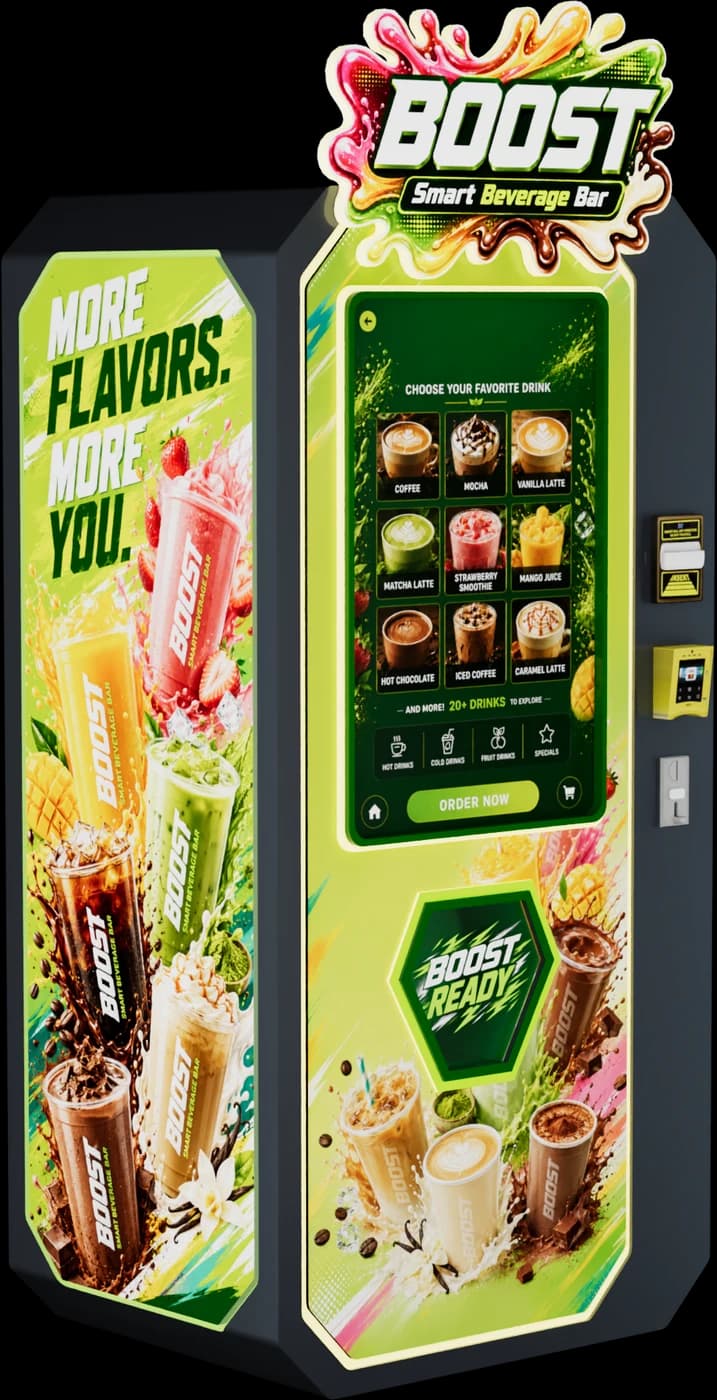 Máquina expendedora de café Boost Smart Beverage Bar vista de lado, con pantalla táctil y depósitos de polvo para oficina