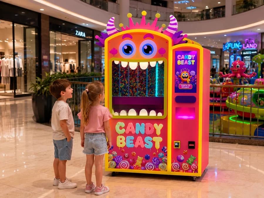 Candy Beast operating in a shopping center, monster candy machine