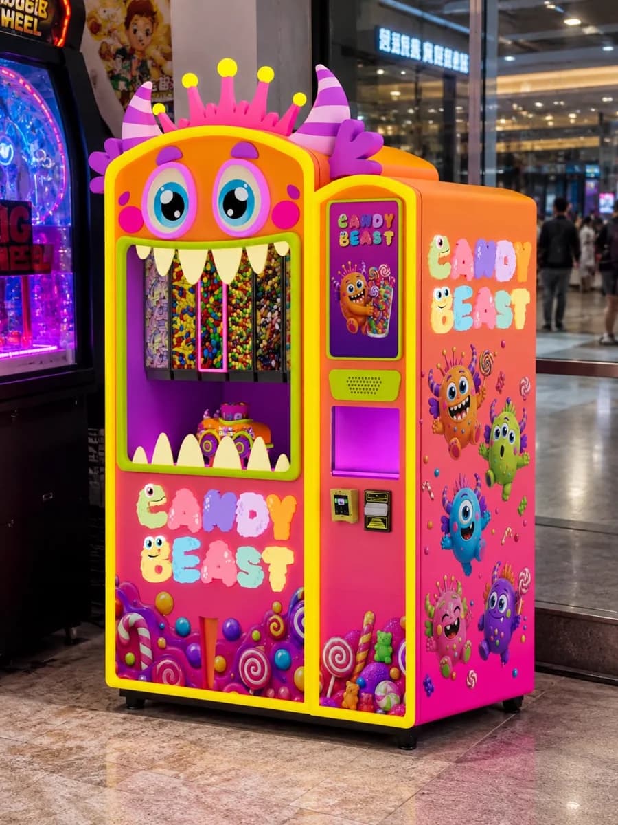 Candy Beast robotic candy vending machine installed in a shopping mall, with customers standing at the touchscreen