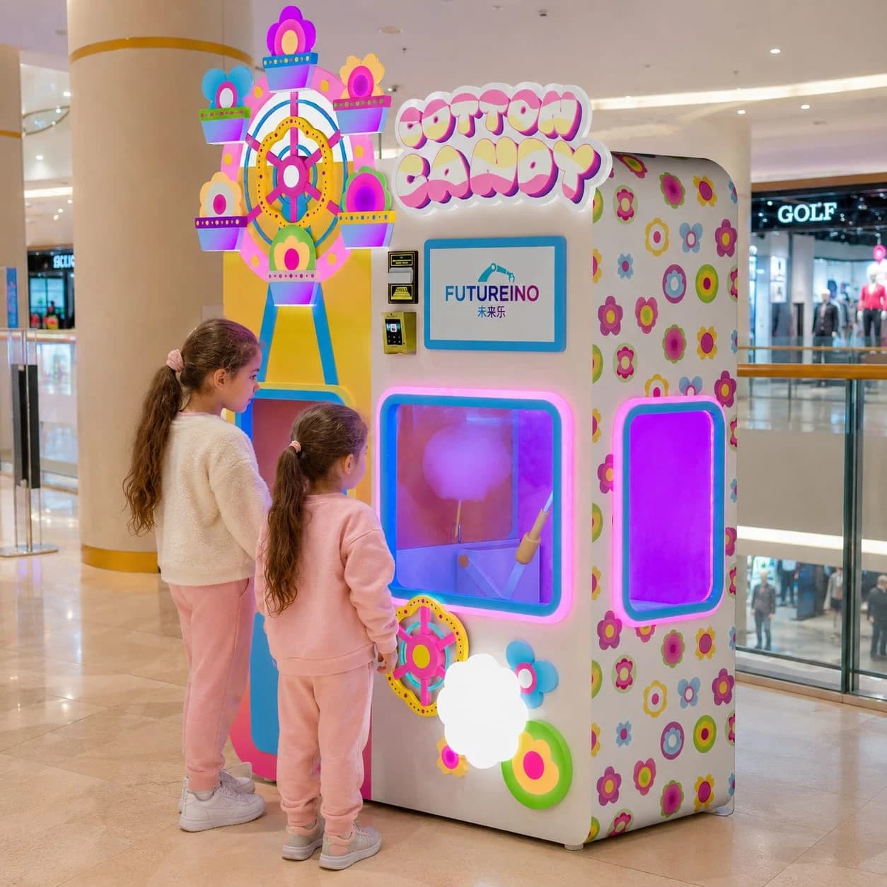 Automatic cotton candy machine in a high-traffic location