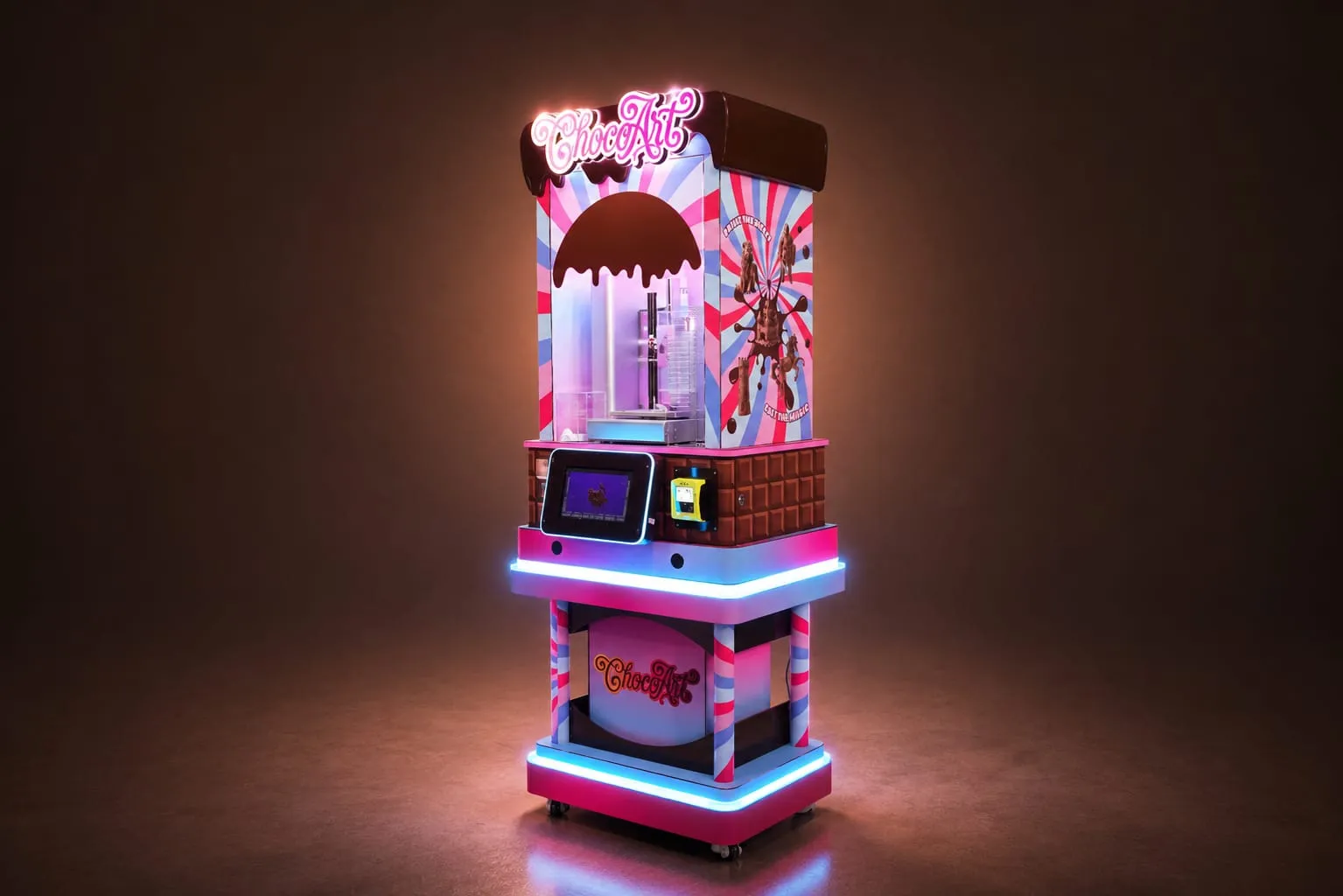 Full-size ChocoArt carousel cabinet glowing in a dark studio