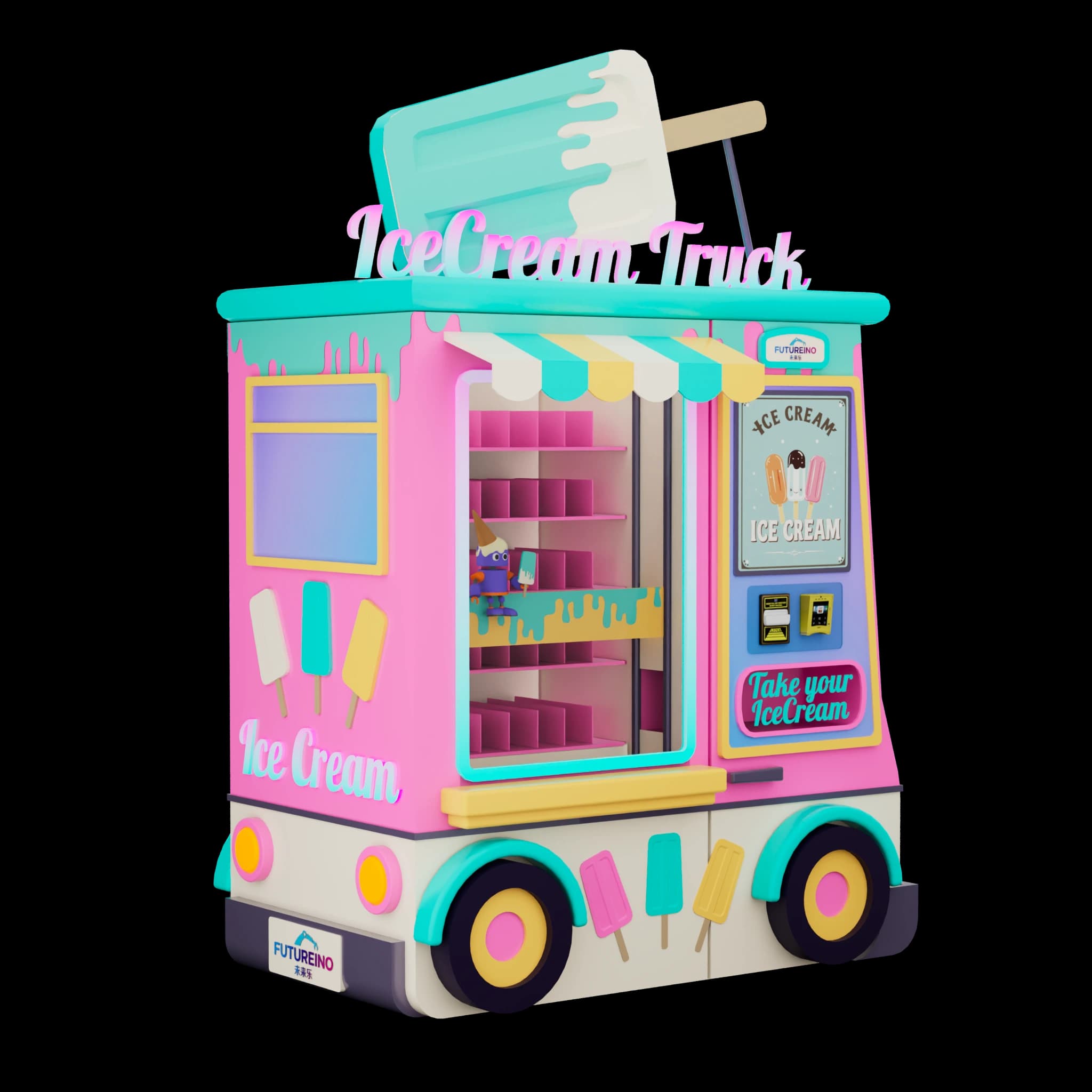 Ice Cream Truck Eisautomat von Futureino im Design eines Eiswagens mit Ausgabefach und Touchscreen