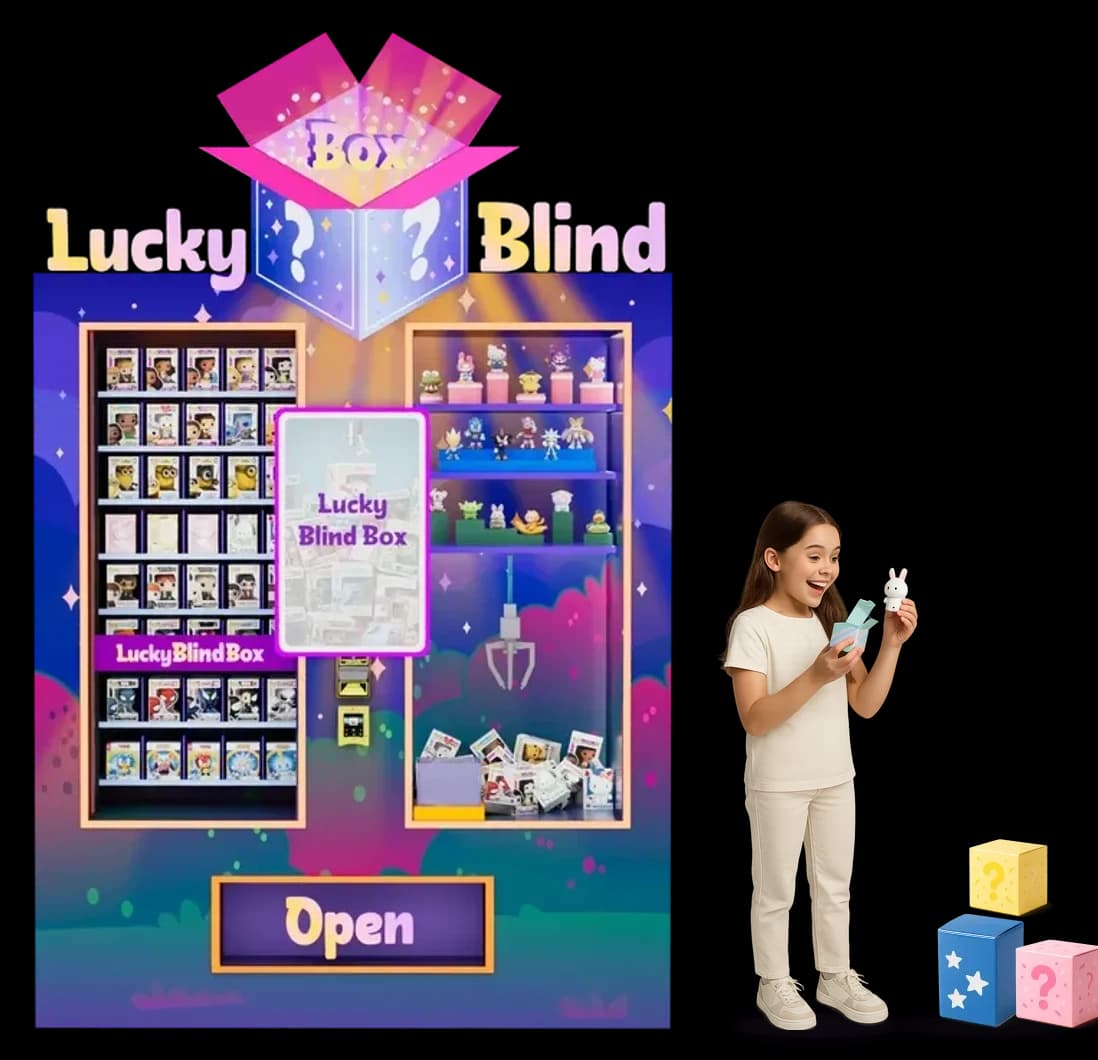 Girl opening a blind box next to the Lucky Blind Box mystery box vending machine