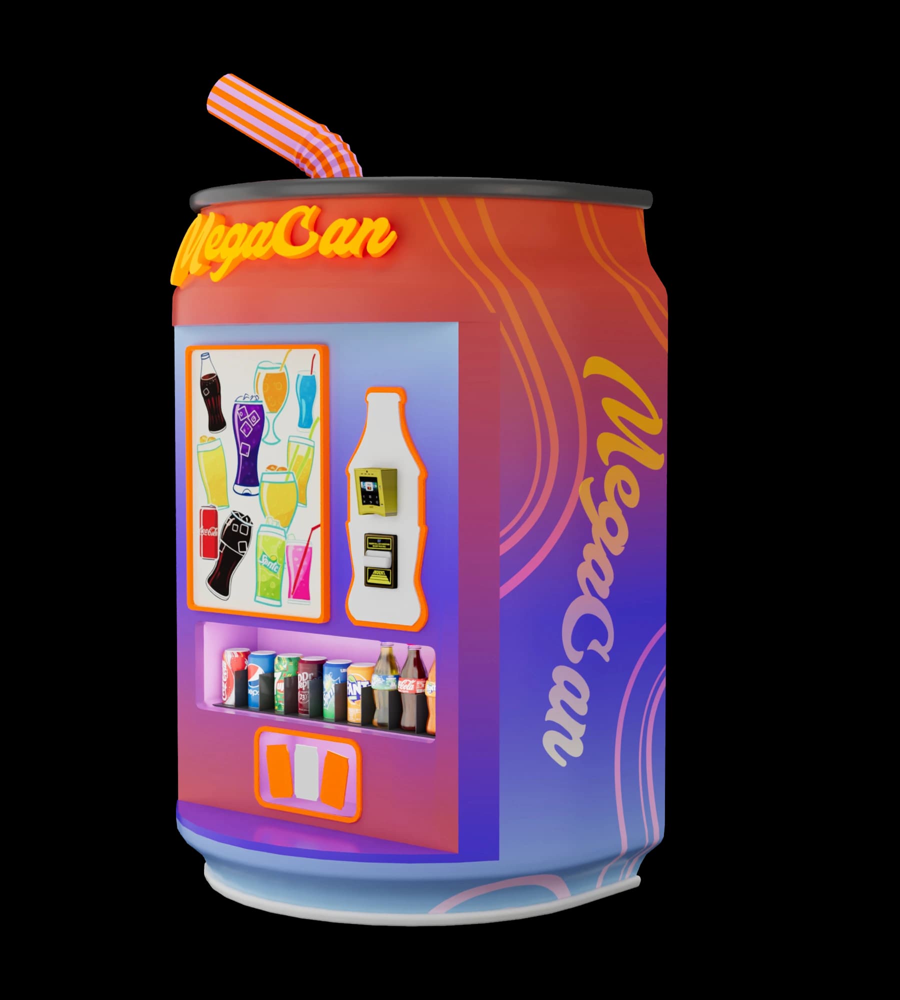 Futureino Mega Can refrigerated drink vending machine shaped like a giant can, holding 270 chilled cans and bottles