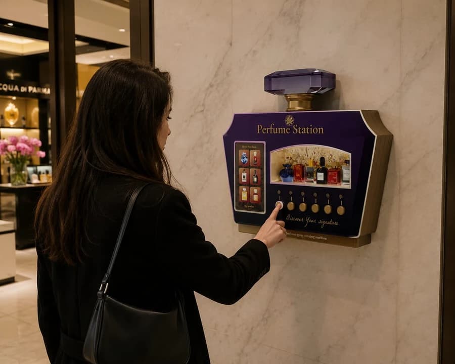 Customer using the Perfume Station fragrance dispenser in a mall