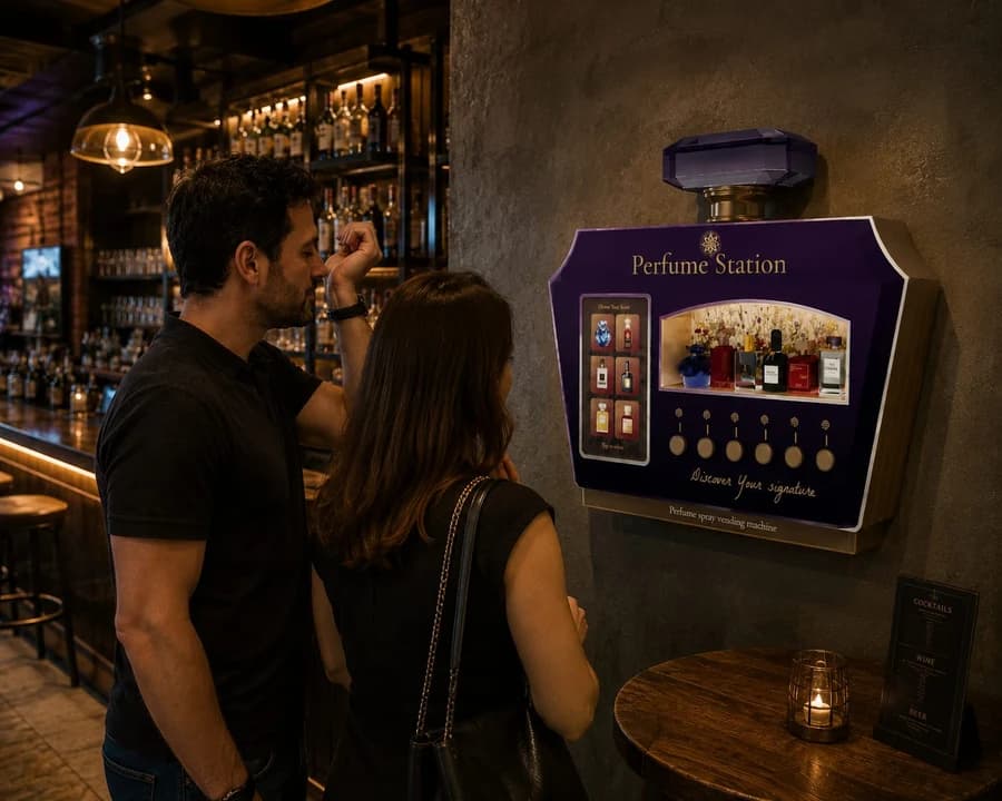 Couple using the Perfume Station in a bar