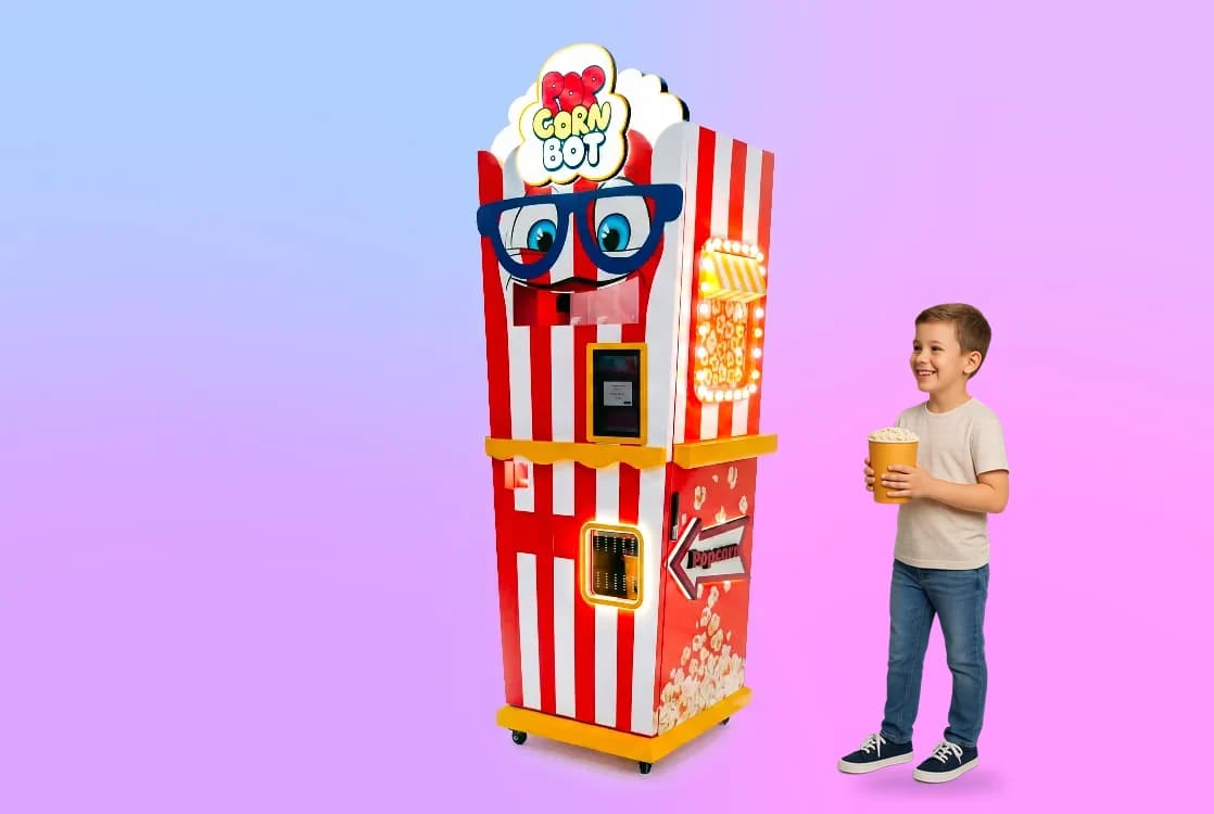 Boy with a cup of fresh popcorn next to the Popcorn Bot popcorn vending machine