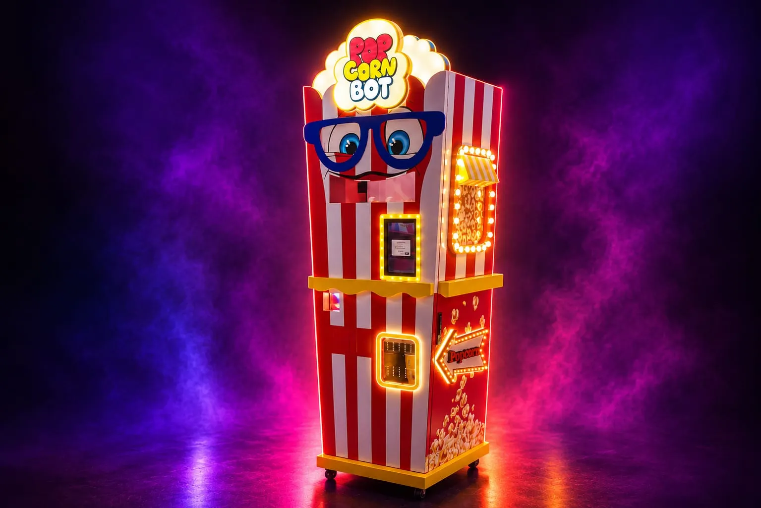 Popcorn Bot machine glowing with all LEDs in purple stage smoke