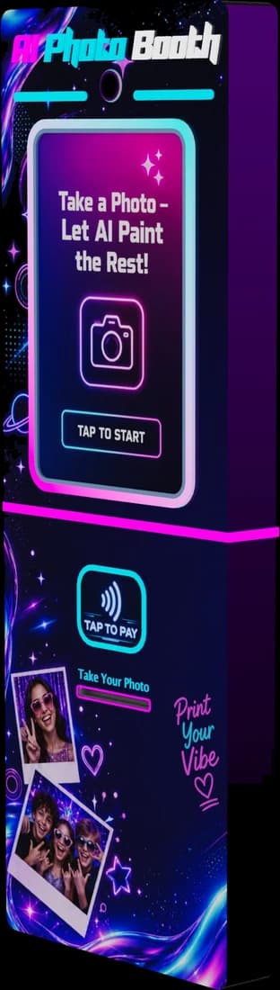 Portable photo booth for sale: the foldable Futureino AI photo booth, angled view
