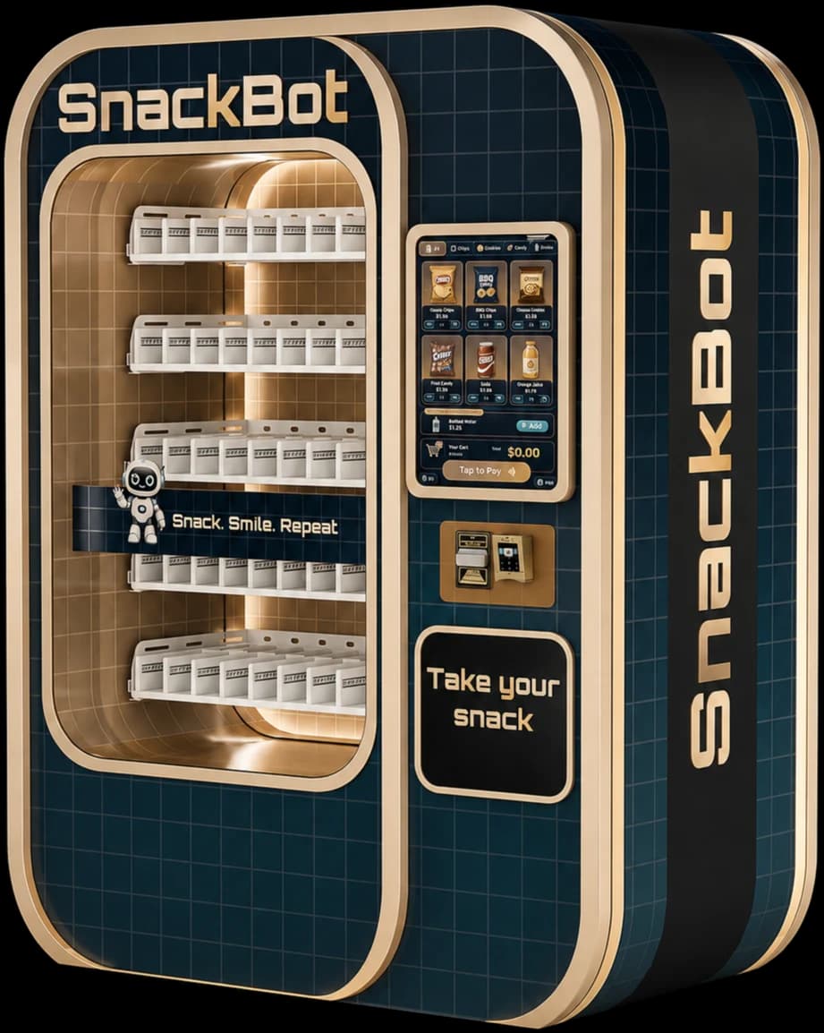 Futureino Snacks Bot snack vending machine with a full-height touchscreen and robot elevator delivery, ready for a busy retail location