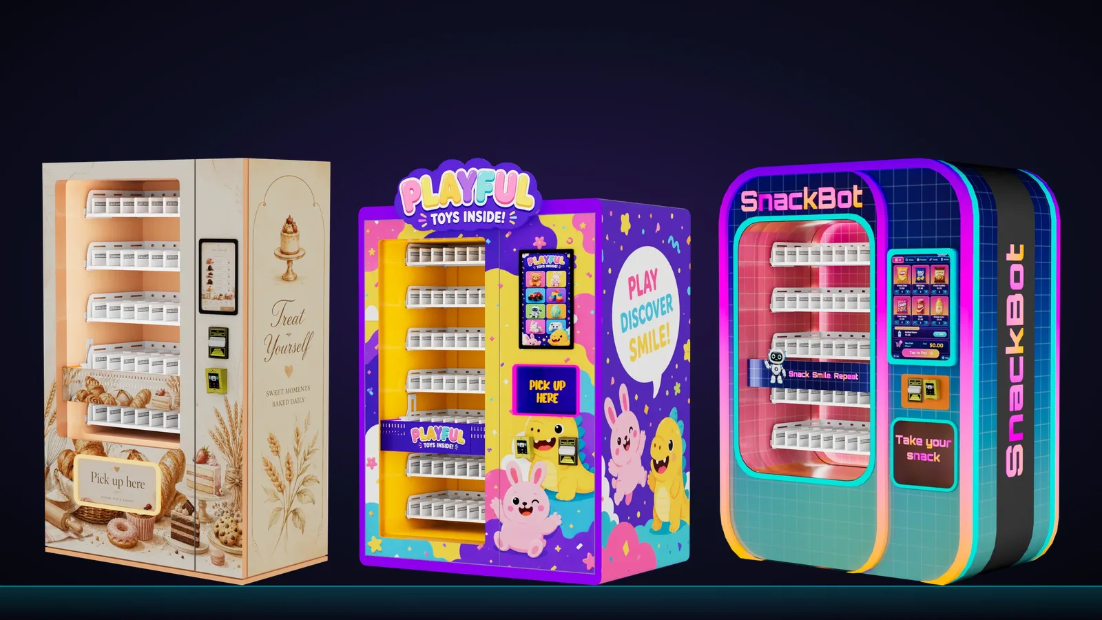 Diseños de tres máquinas expendedoras clásicas de Futureino, modelos AM, AB y LA, para panadería, juguetes y snacks: los gabinetes con los que se monta una tienda vending 24 horas